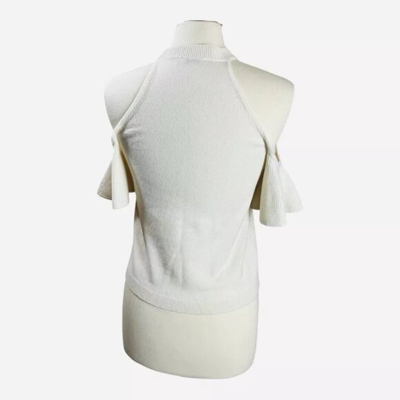 Sea Bleu Cashmere Sweater S Cold Shoulder Ruffle Short Sleeve Ivory High Neck - Picture 2 of 7